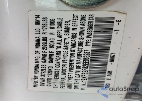 2014 Honda Civic Ex из США, поврежденный, VIN 19XFB2F82EE063287